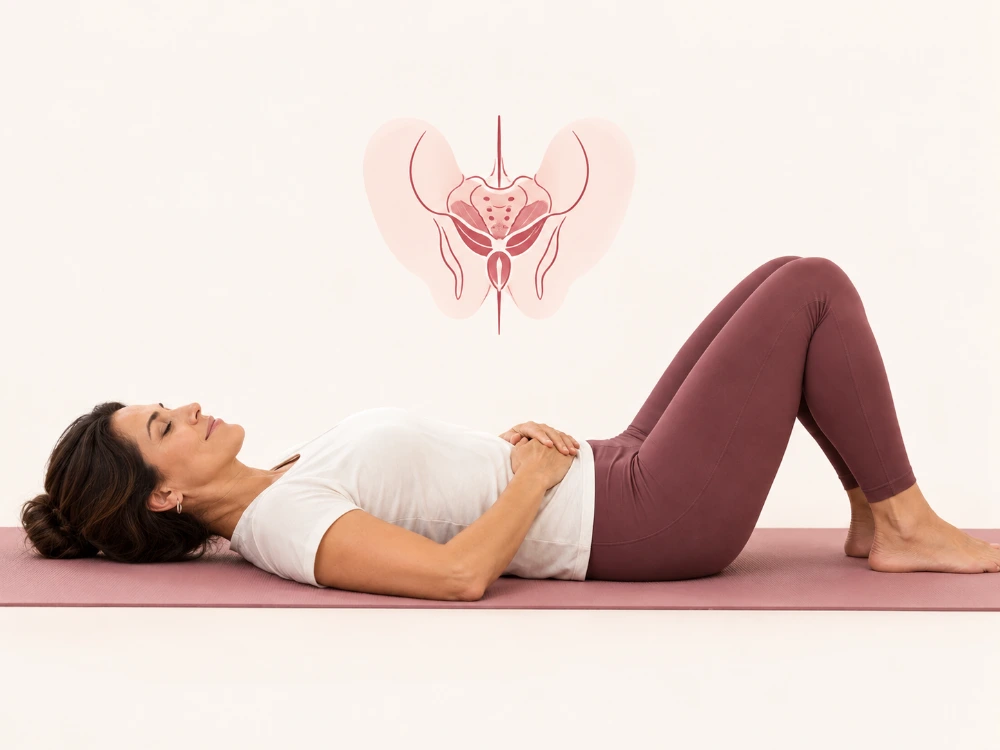 Mulher deitada no tapete, com as mãos sobre a barriga.