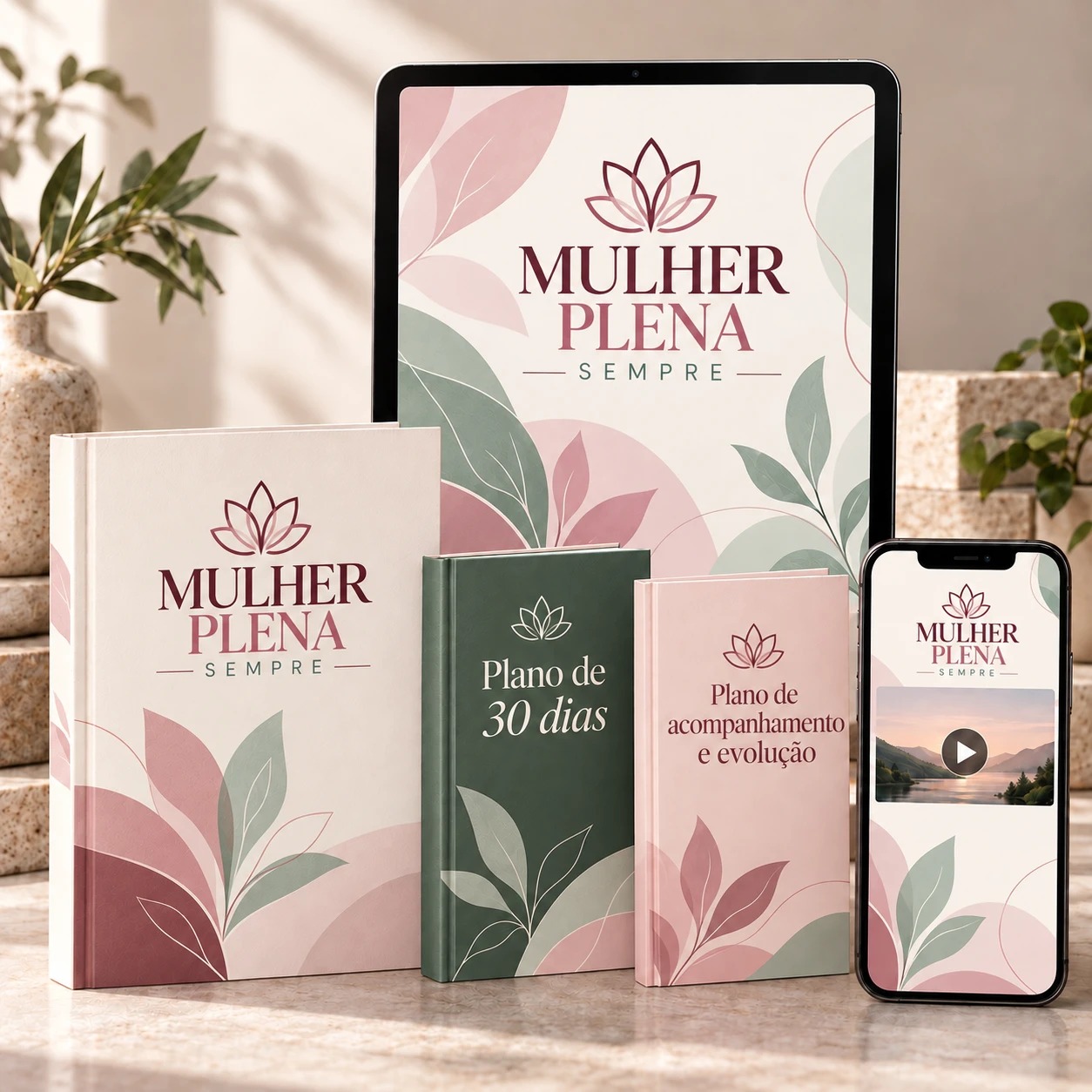 Guias, tablet e celular com os materiais Mulher Plena Sempre.