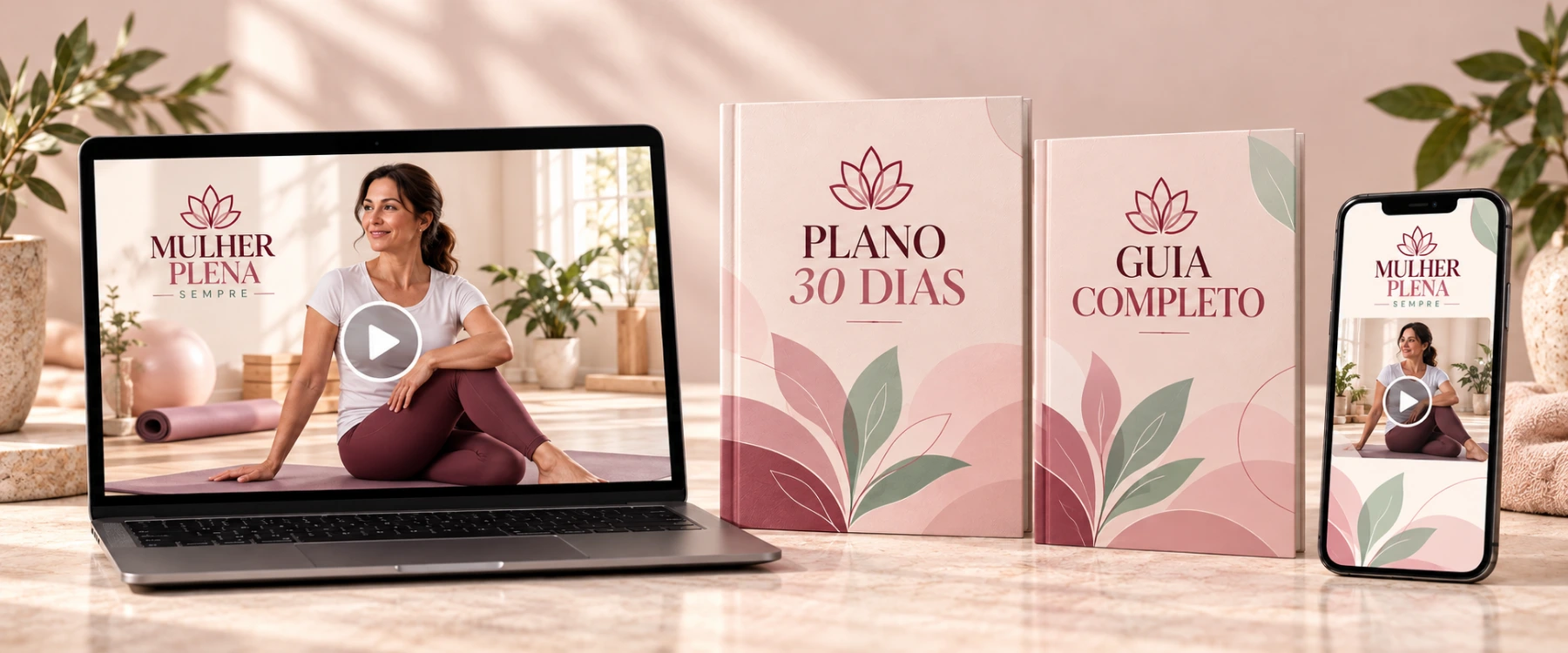 Notebook com aula de exercícios, guias e celular do Método Mulher Plena Sempre.